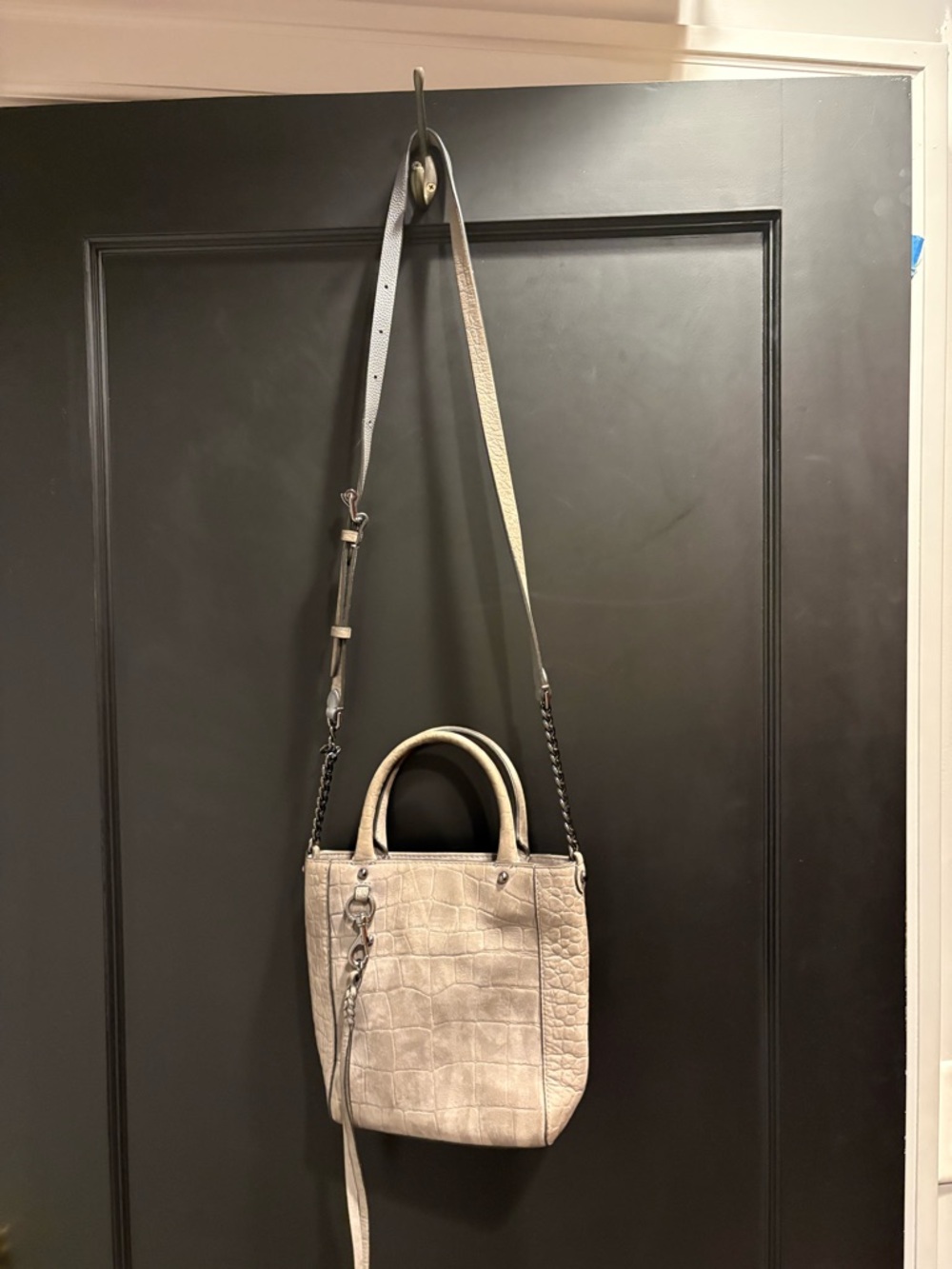 Croc-Embossed Small Tote Bag in Light grey suede leather AS IS Beige crossbody
